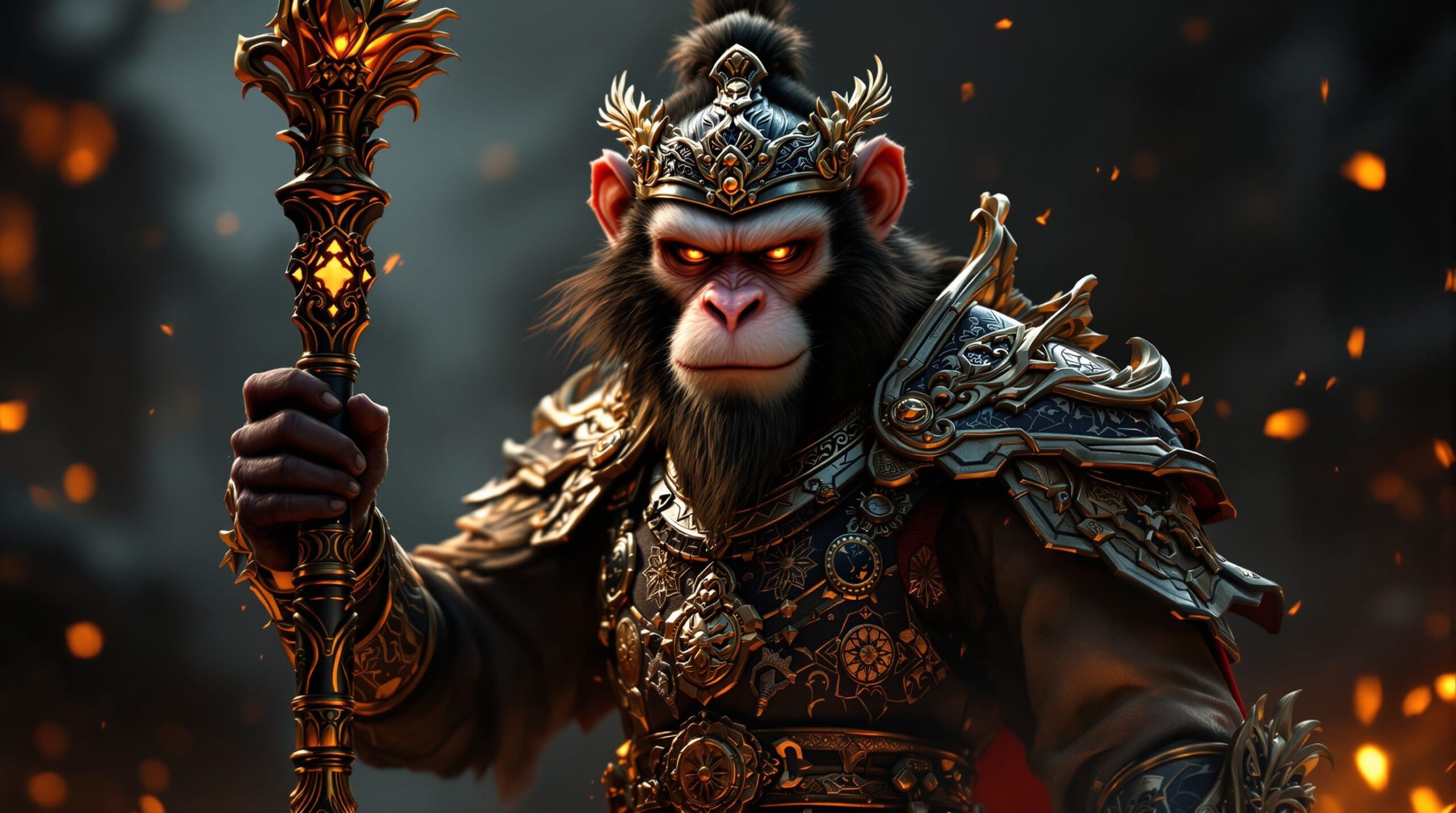 Cinematic portrait of a warrior monkey holding a staff, digital artwork